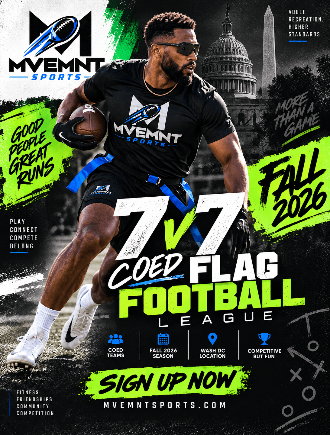 MVEMNT Sports Fall 2026 7v7 coed flag football league flyer